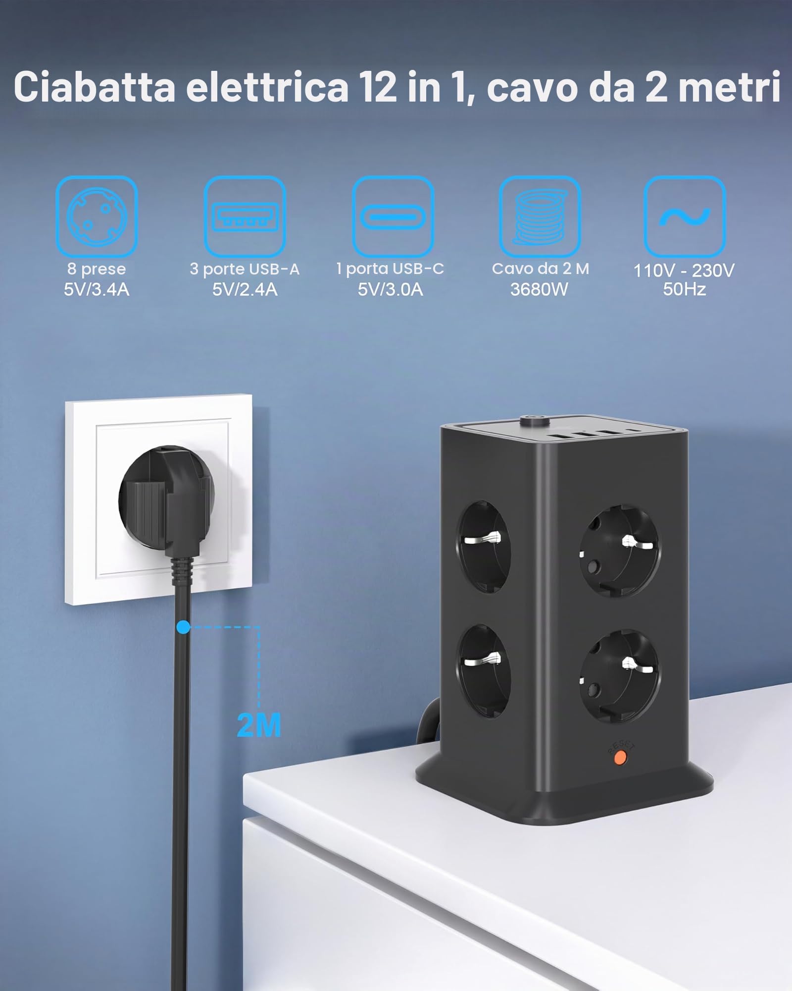 Multipresa a Torre Multifunzione con Interruttore, Parafulmine e 8 Prese Secteur e 4 Porte USB (Incluso 1 USB-C) 5V/3.4A Power Strip, 3680 W/16 A, Ideale per l'Ufficio, il Salone o la Camera 2M Nero