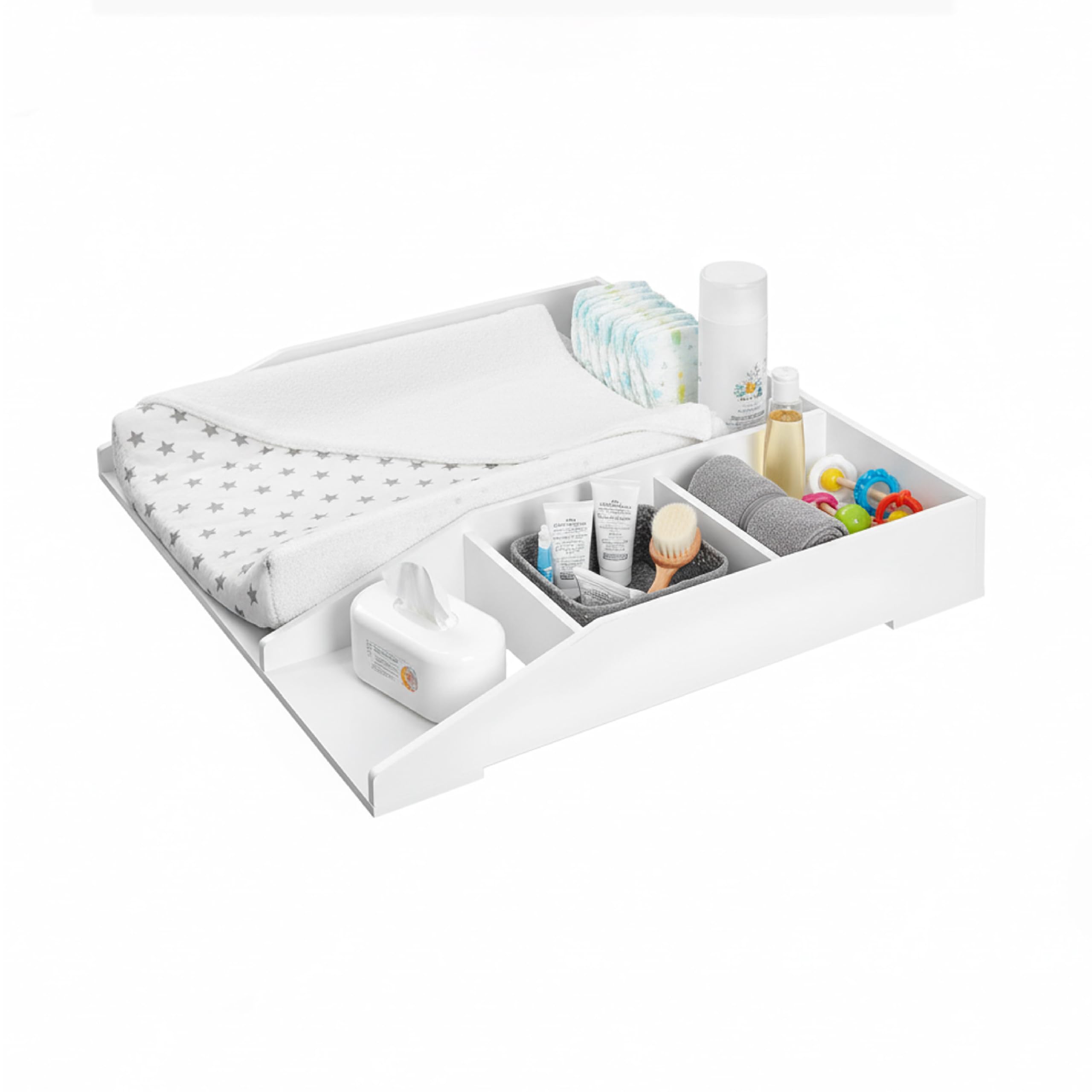 Baroni Home Fasciatoio da Appoggio Bianco, Mobile Cambio Neonato 4 Scomparti, Plastic Wood, 80x74,5x126 cm