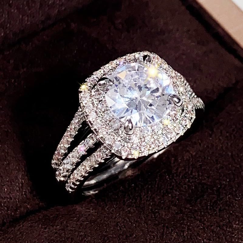 925 Sterling Silver Fashion Ring Set Engagement Anniversary Promise Ring Bridal Set Jewelry Classic Women's Ring Set Diamond Shining Halo Bridal Set Wedding Ring Size 6 image 4