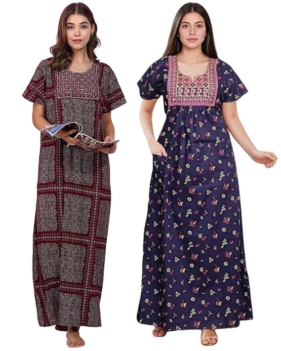 Women’s Cotton Embroidered Jaipuri Nighty Gown – Pack of 2 Soft Cotton Rajasthani Print Maxi Nightdress with Pockets – Comfortable Sleepwear for Women-image-22