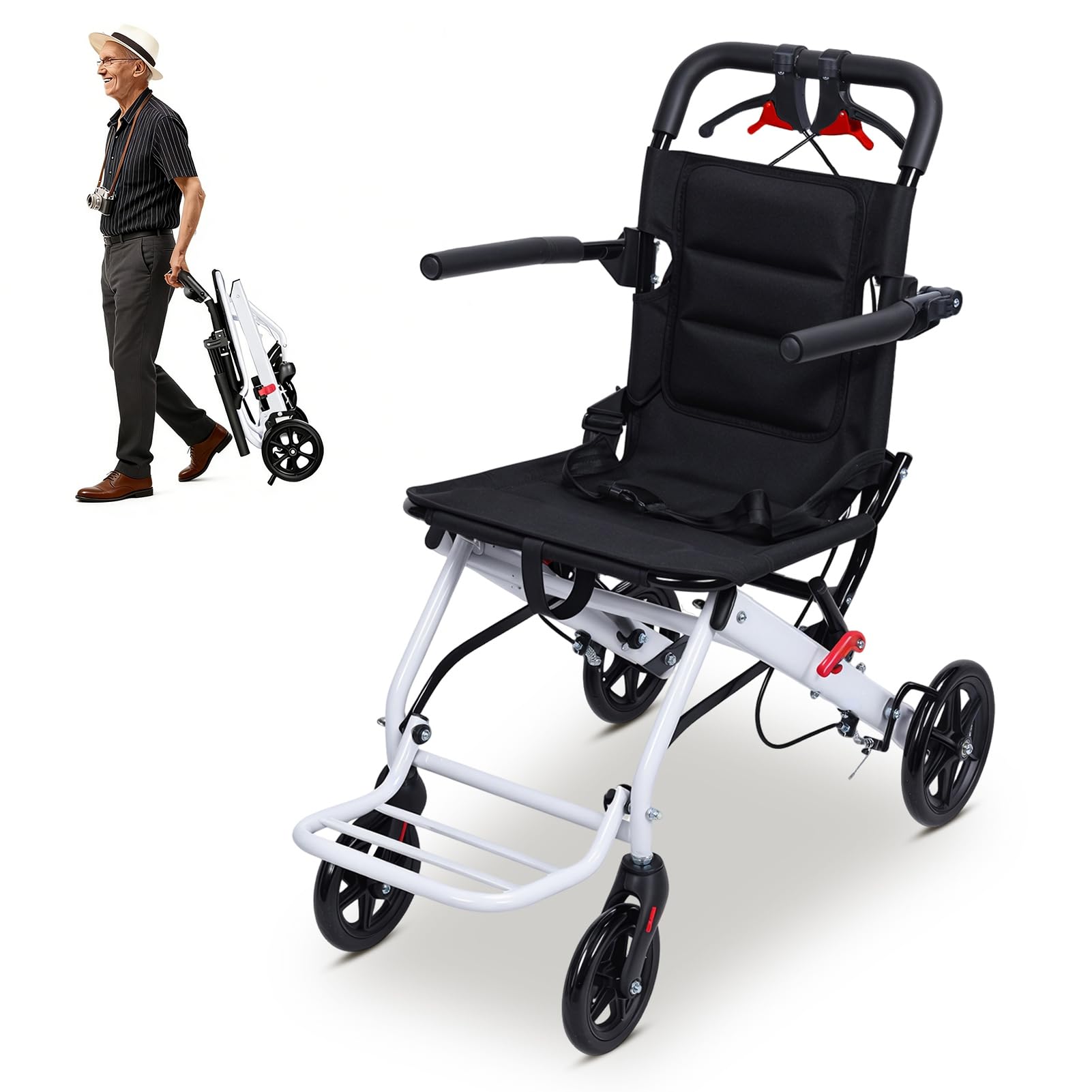 Sedia a rotelle pieghevole ultraleggera, in lega di acciaio al carbonio sedia a rotelle di transito, 8,2 kg, manubrio girevole 280°, ruote PU 360°, compatto per viaggi, anziani e disabili