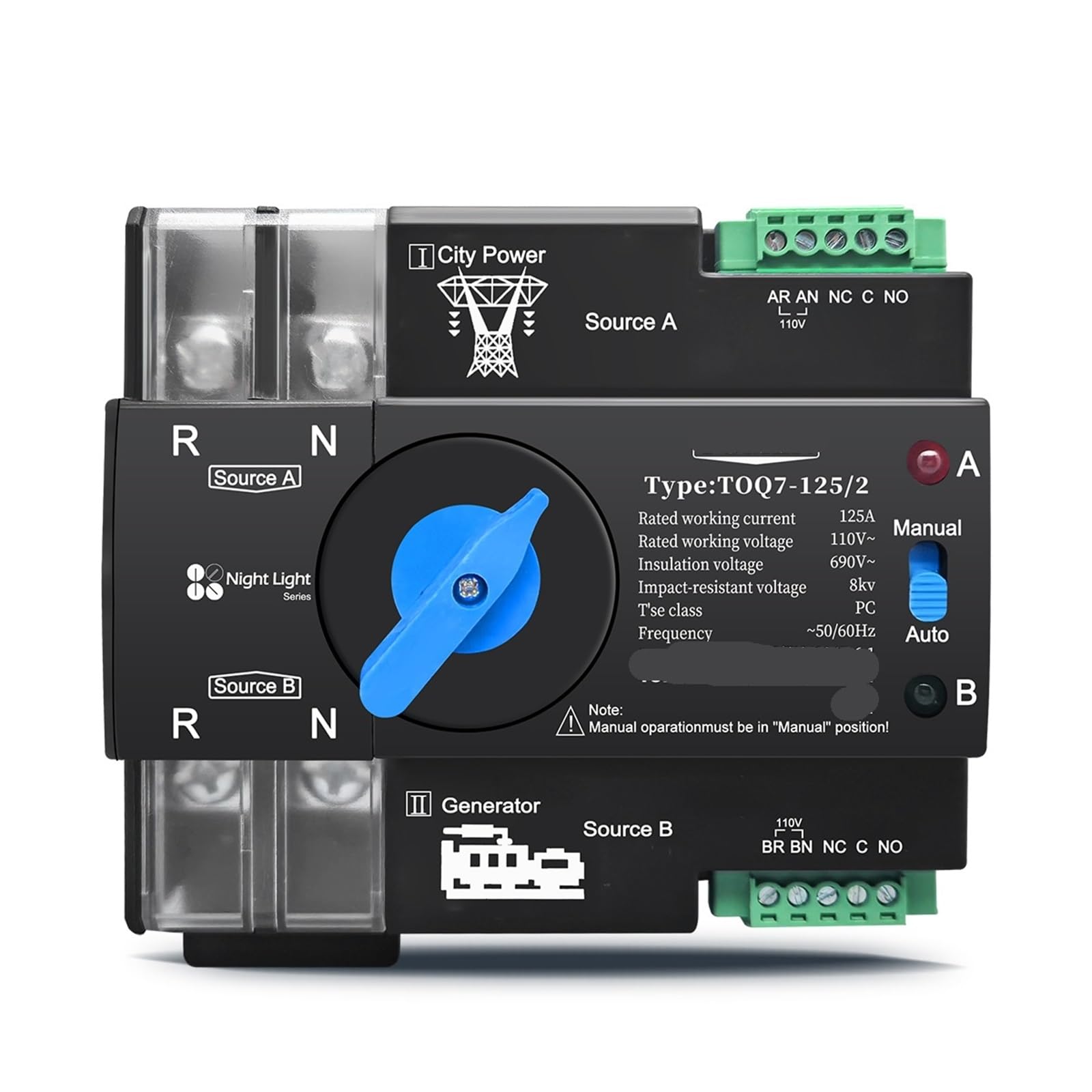 Interruttore selettore elettrico automatico a doppia alimentazione 110V 120V senza interruzioni 2P 63A 100A 125A 1 pz(100A)