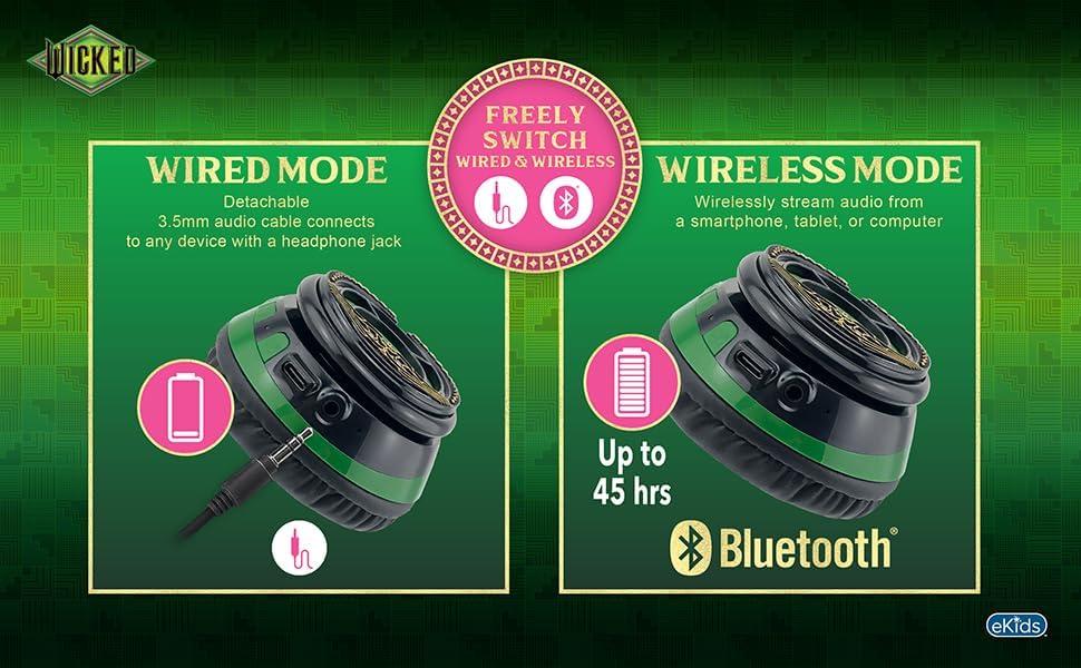 eKids Wicked Elphaba Bluetooth Headphones for Kids, Wireless Headphones with Microphone Includes Aux Cord (Elphaba) - Image 5