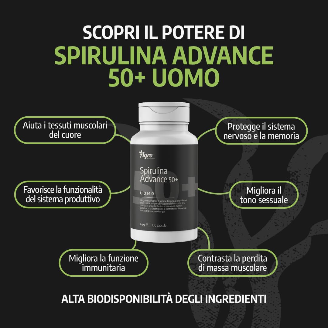 AGROINIZIATIVE Spirulina Advance Uomo 50+ Integratore Alimentare con Spirulina Bio, Acetil L Carnitina, Astaxantina, L-Arginina, Ginkgo Biloba, Zinco e Licopene, Prodotto in Italia, 100 Capsule