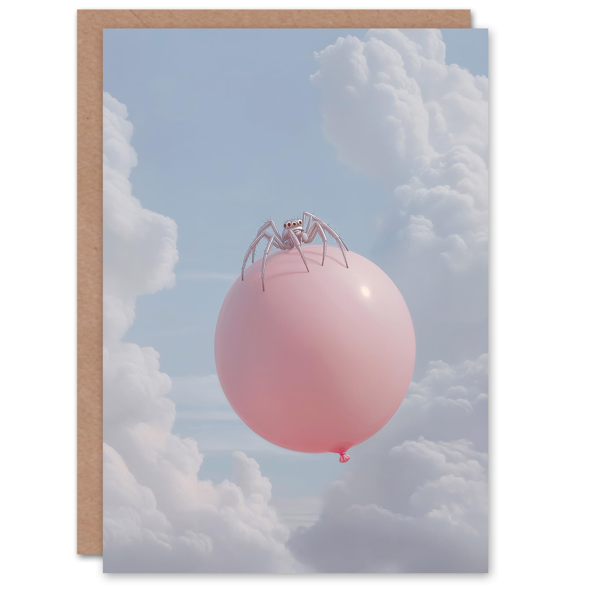 Artery8 Greeting Card Cute Jumping Spider on a Floating Pink Balloon Blank For Him Or Her Art Farewell Card