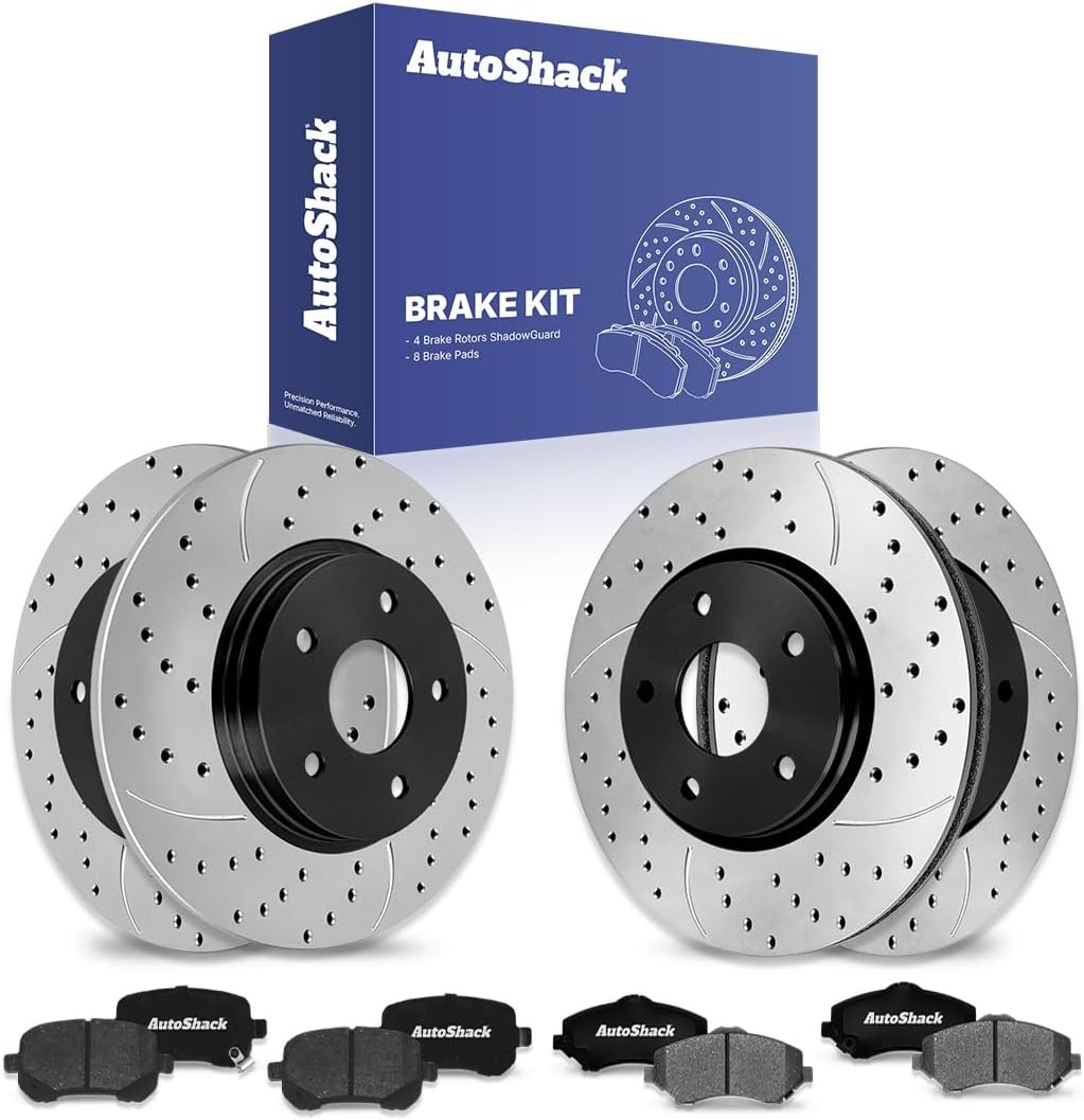 AutoShack Front Vented & Rear Solid Drilled & Slotted E-Coated Brake Rotors + Ceramic Pads 12-PC Brake Kit Replacement for 2008-2011 Dodge Grand Caravan 2008-2011 Chrysler Town & Country ShadowGuard