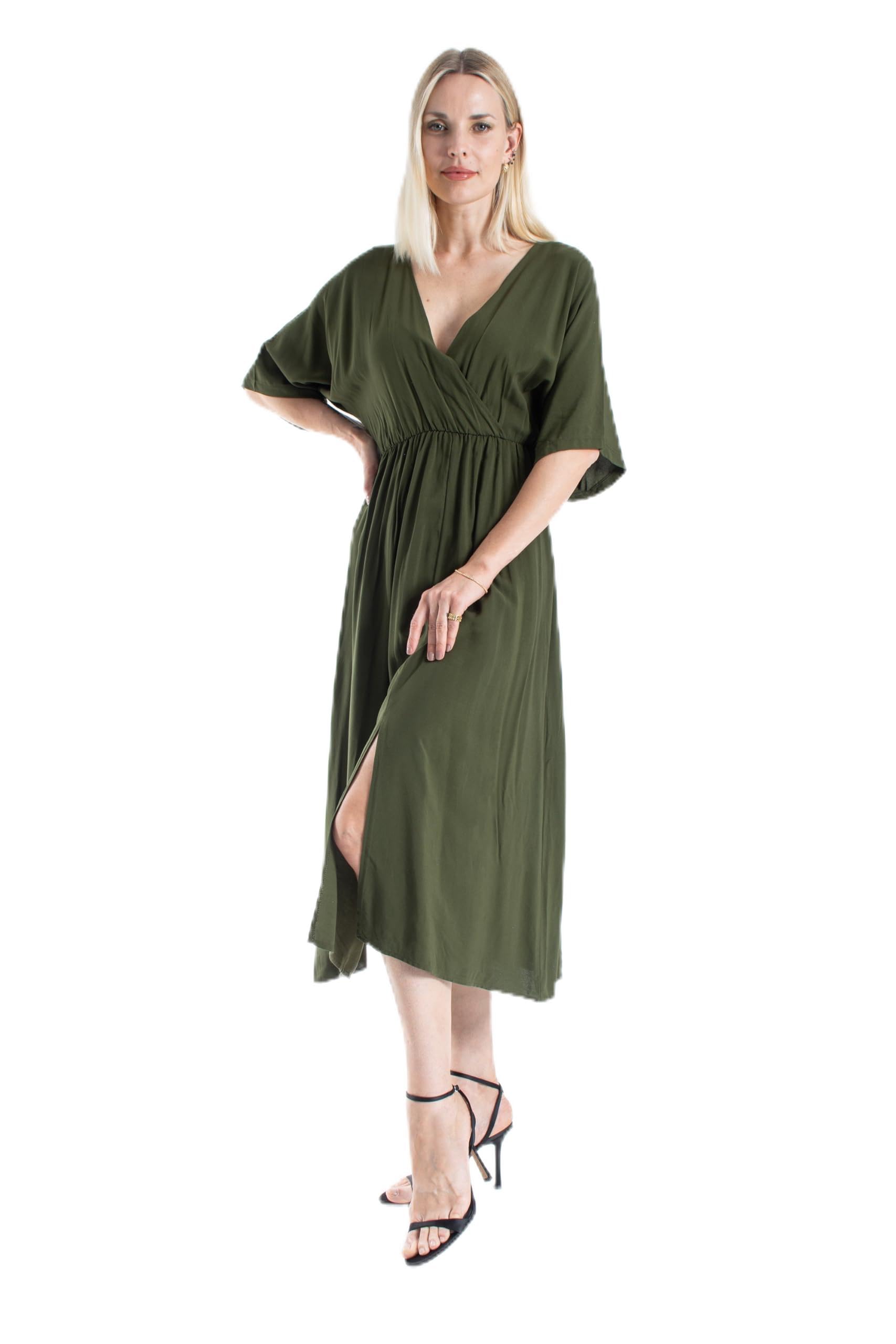 Belissh - Women's - Midi Dress - V Neck - Short Sleeve - Khaki
