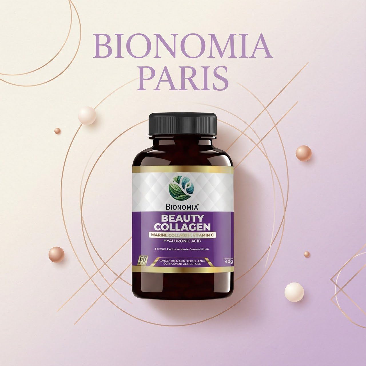 Beauty Collagen 900mg - Collagène Marin Hydrolysé Naticol + Acide Hyaluronique 100mg + Vitamine C - Peau Cheveux Ongles - 60 Gélules Végétales Sans Excipients - Testé en Laboratoire