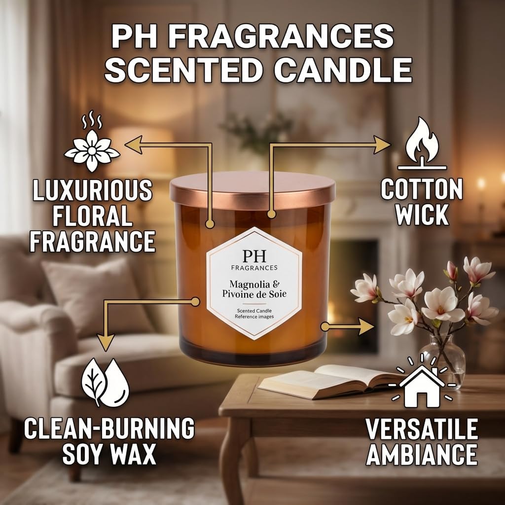 Scented Candle Magnolia & Pivoine de Soie, Luxury Aromatherapy Candle, Floral Scented Soy Wax Candle with Cotton Wick, Elegant Home Decor scented candles for home candle gifts for women for Living Roo