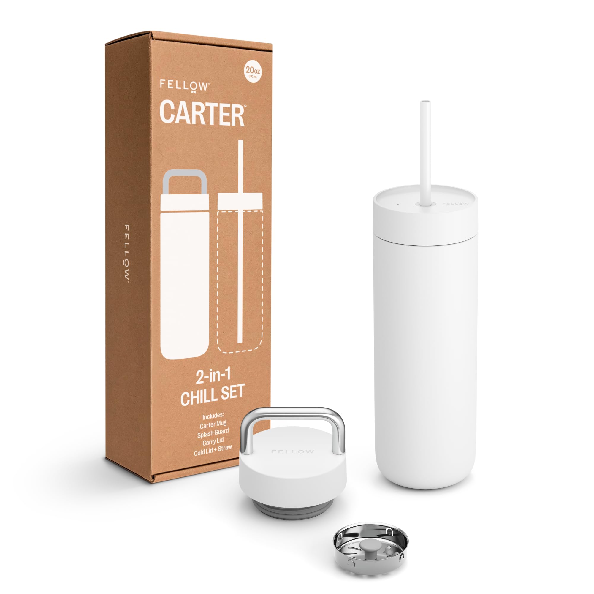 Fellow Trinkflasche mit zwei Deckeln – 590 ml, mattes Weiß, keramische Innenseite, vakuumisolierter Edelstahl