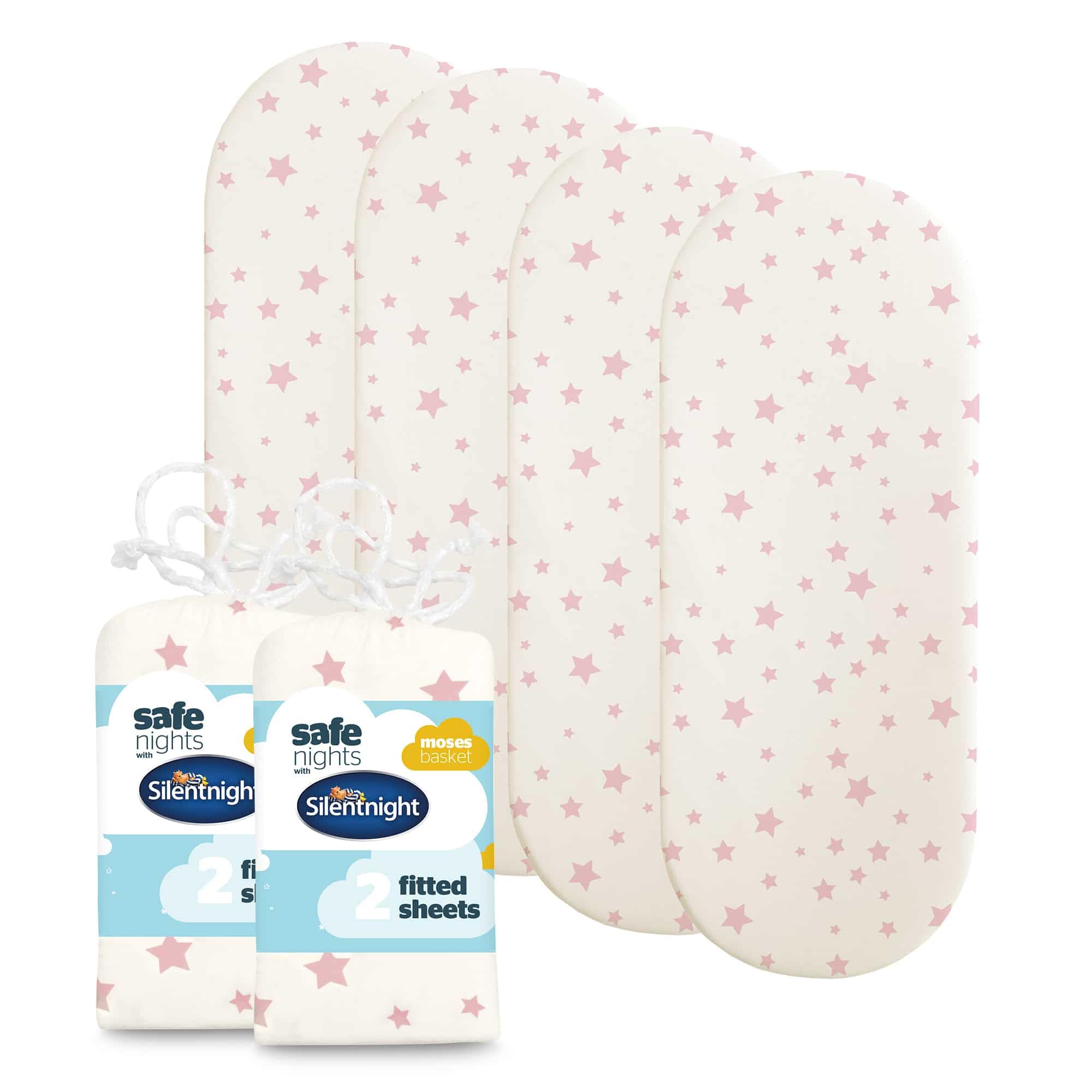 Silentnight Safe Nights Fitted Sheet - Moses Basket Mattress - Breathable 100% Cotton Jersey - Super Soft Kind to Baby Skin - 74x27cm - Secure Fit with Elasticated Corners - 4 Pack, Pink Star