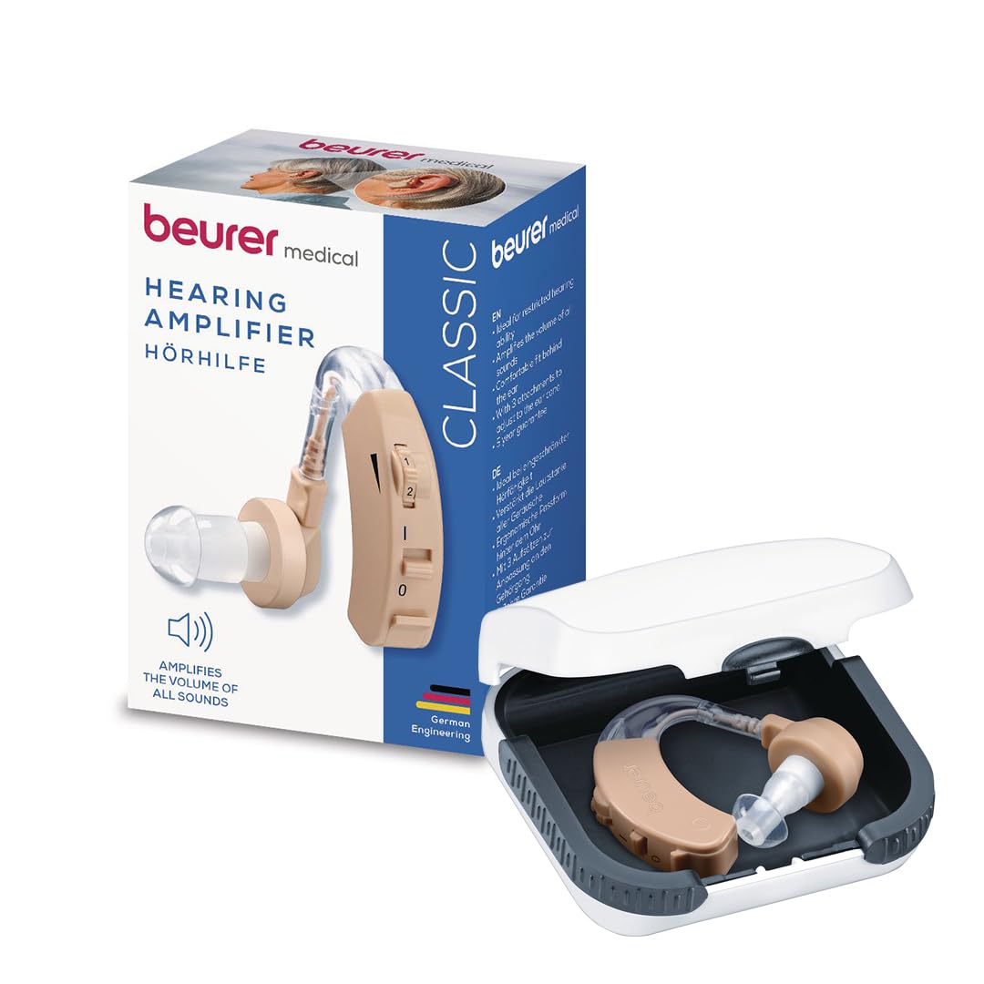 Beurer HA 20 Amplificatore Acustico Singolo, Adattamento Ergonomico dietro l'orecchio, Amplificazione rumori, Volume Regolabile, 3 accessori per l'adattamento personalizzato al canale auricolare