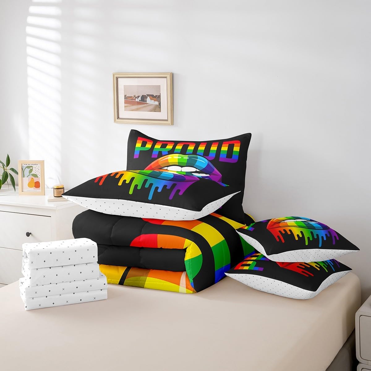 7 Pieces Pride Theme Comforter Set for Kids Rainbow Lips Bedding Set Queen Size,Colorful Stripes Comforter for Boys Girls Adult Watercolor Tie-dye Super Soft Fade Resistant Microfiber Bedding