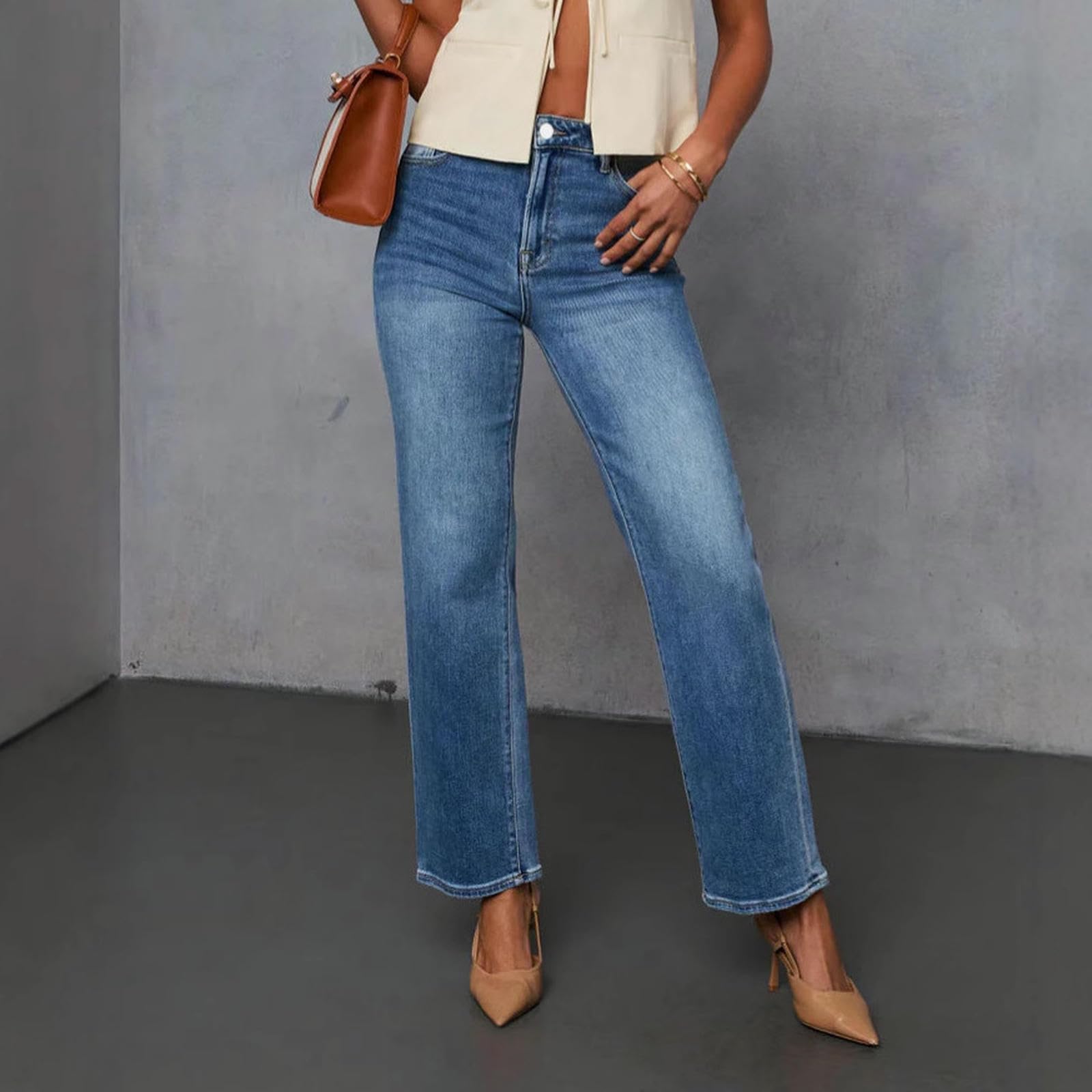 Jeans Donna Femminile Largo Gamba A metà Gamba-Blu-XL