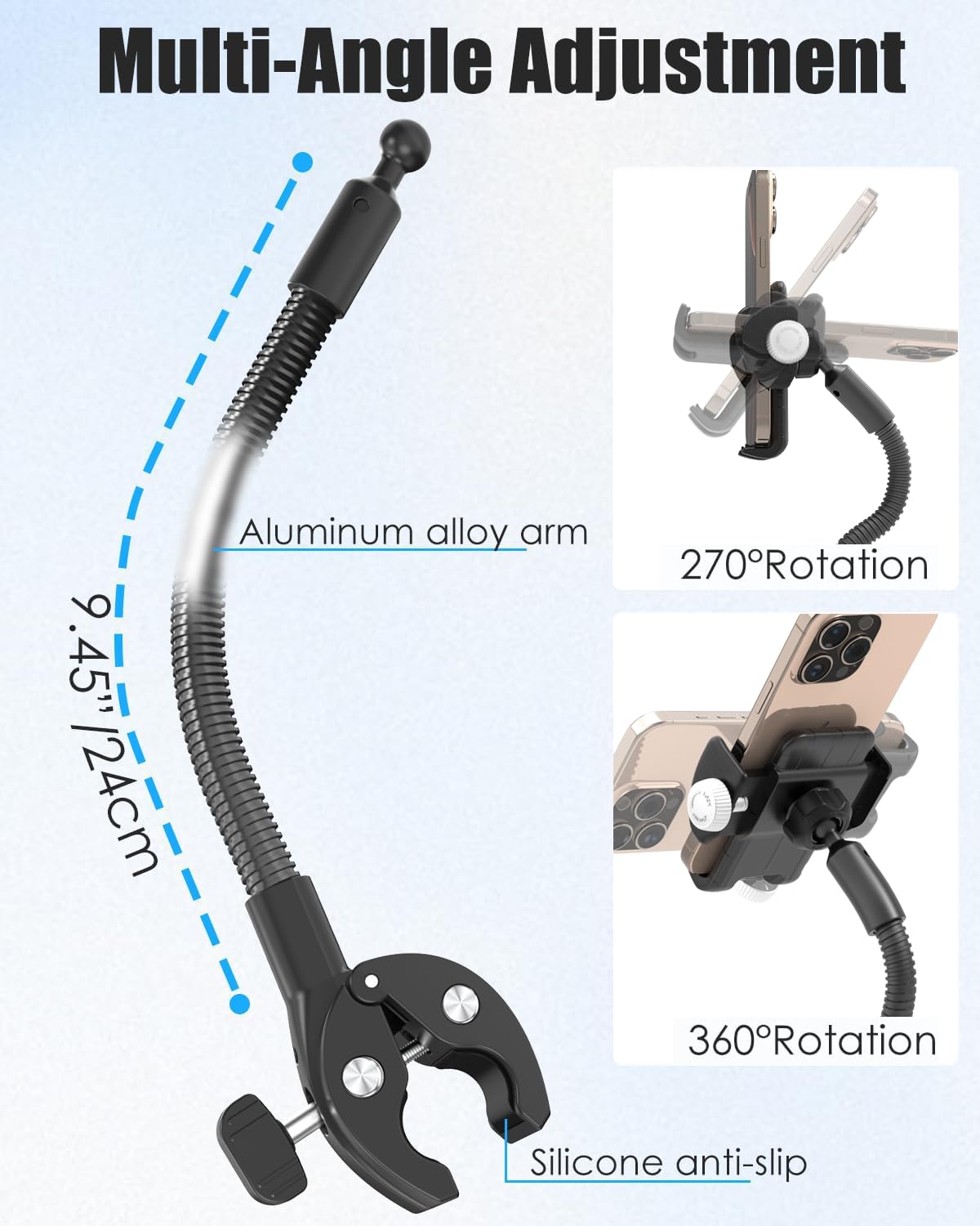 Charchendo Rollstuhl- und Kinderwagen-Handyhalterung mit flexiblem Schwanenhals-Arm, sichere, rutschfeste Lenkerhalterungsklemme, passend für 16, 15, 14, 13, 12 Pro Plus Max Mini und 10,2–17,8 cm