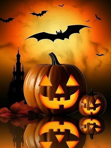 Kit de pintura de diamantes de bricolaje calabaza redonda de taladro completo, arte de diamantes 5D de Halloween para adultos, manualidades de