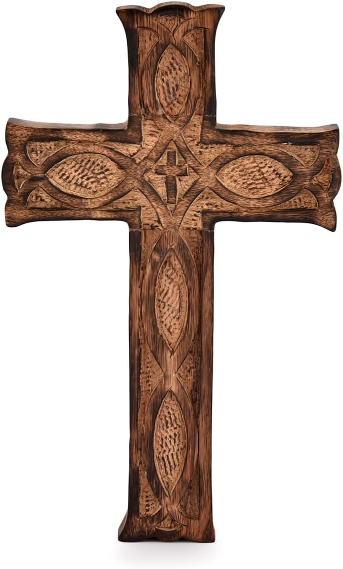 Indus Lifespace Wooden Wall Hanging Cross Handmade Antique Design - Rustic Look Decorative Religious Altar Spiritual Art Sculpture Home Living Room Decor Accessory for Loved One