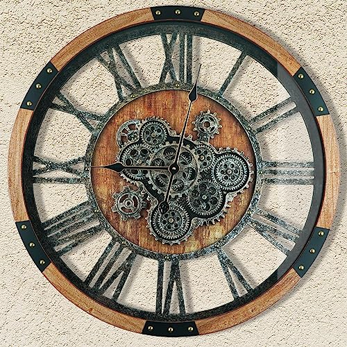 Dorboker 36'' Large Wall Clock Real Moving Gears Oversized Industrial Solid Wood Rusic Farmhouse Clocks For Living Room Wall Decor Home Office, 36 Inch 90Cm, Brown And Vintage Bronze #TOP21