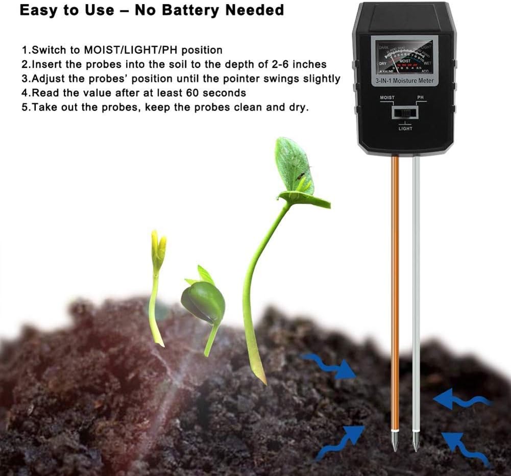 3-in-1 Soil PH Meter Tester Indoor Plants Garden Lawn Light Sensor No Battery Needed