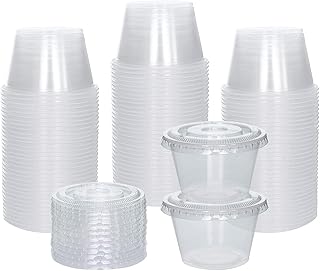 Eco Pack 100 Sets - 4 oz Clear Plastic Disposable Portion Cups with Lids Small Jello Shot Cup Condiment Salad Dressing Slime Container Sauce Samples Souffle Cups