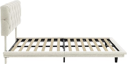 Miniatura 221 de Base de cama flotante tamaño Queen con luces LED y carga USB, marco de cama LED de plataforma tapizada moderna, no necesita somier (blanco-1)