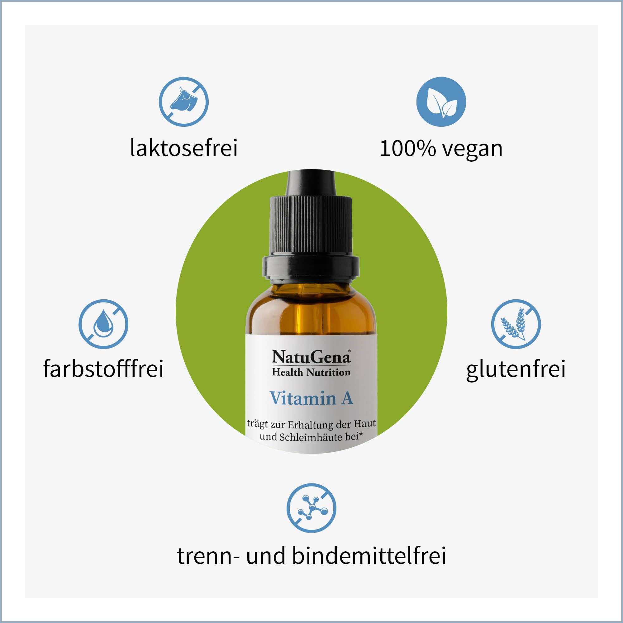 NatuGena Vitamin A, Augenvitamin fördert den Erhalt der Sehkraft sowie der Haut und Schleimhäute, 450 Tropfen, 15ml, für 150 Tage