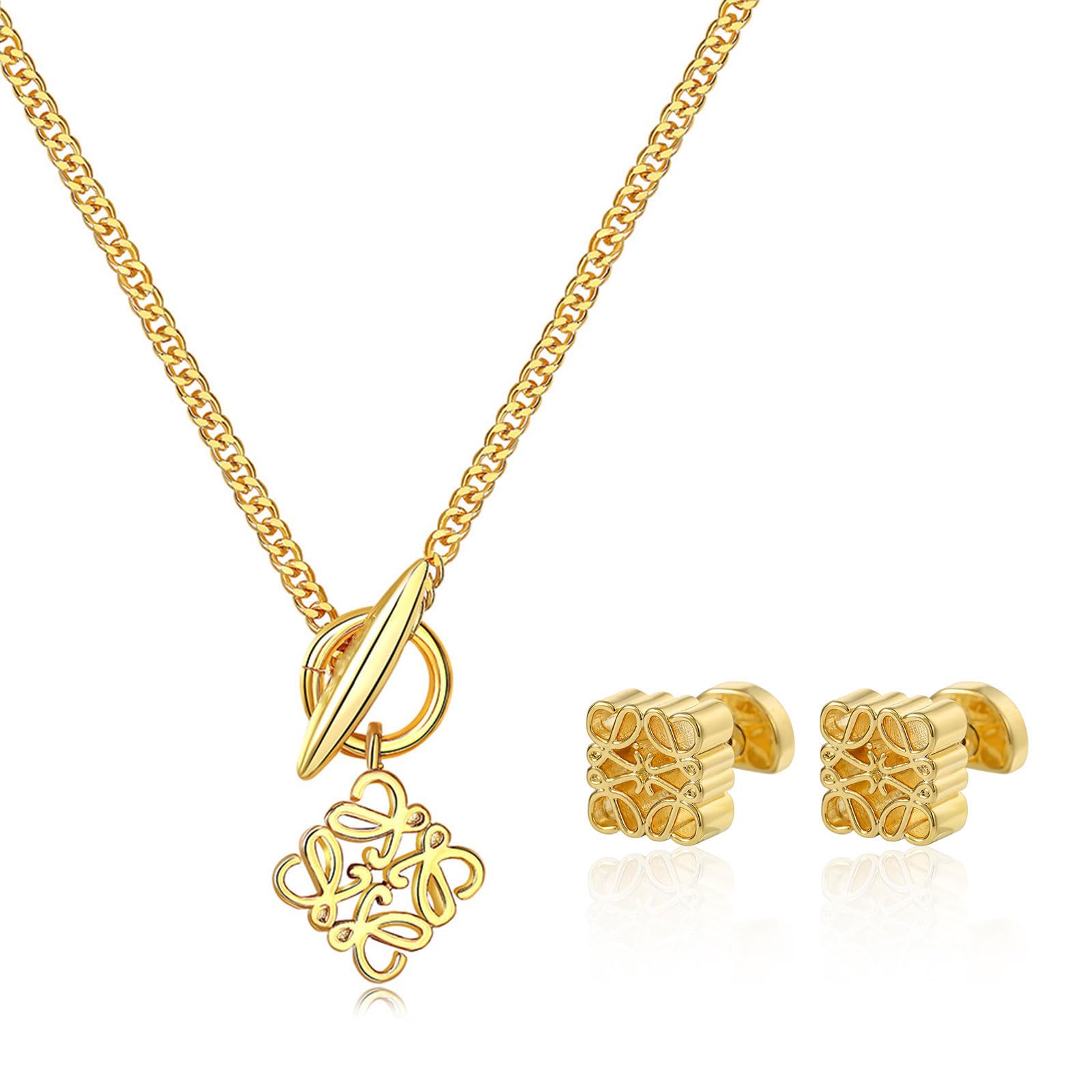 WAUOC22K Gold Hollow Earrings,Gold Necklace for Women Hypoallergenic Small  Earrings for Girl Trendy Necklace and Earrings Set for Teen Gift