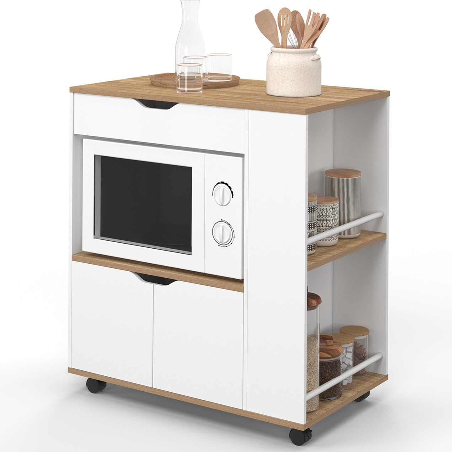 IDMarket - Mikrowellen-Küchenwagen COSI Schrank mit Schublade und Gewürzregal aus weißem Holz und Buchenholzplatten B.76 cm
