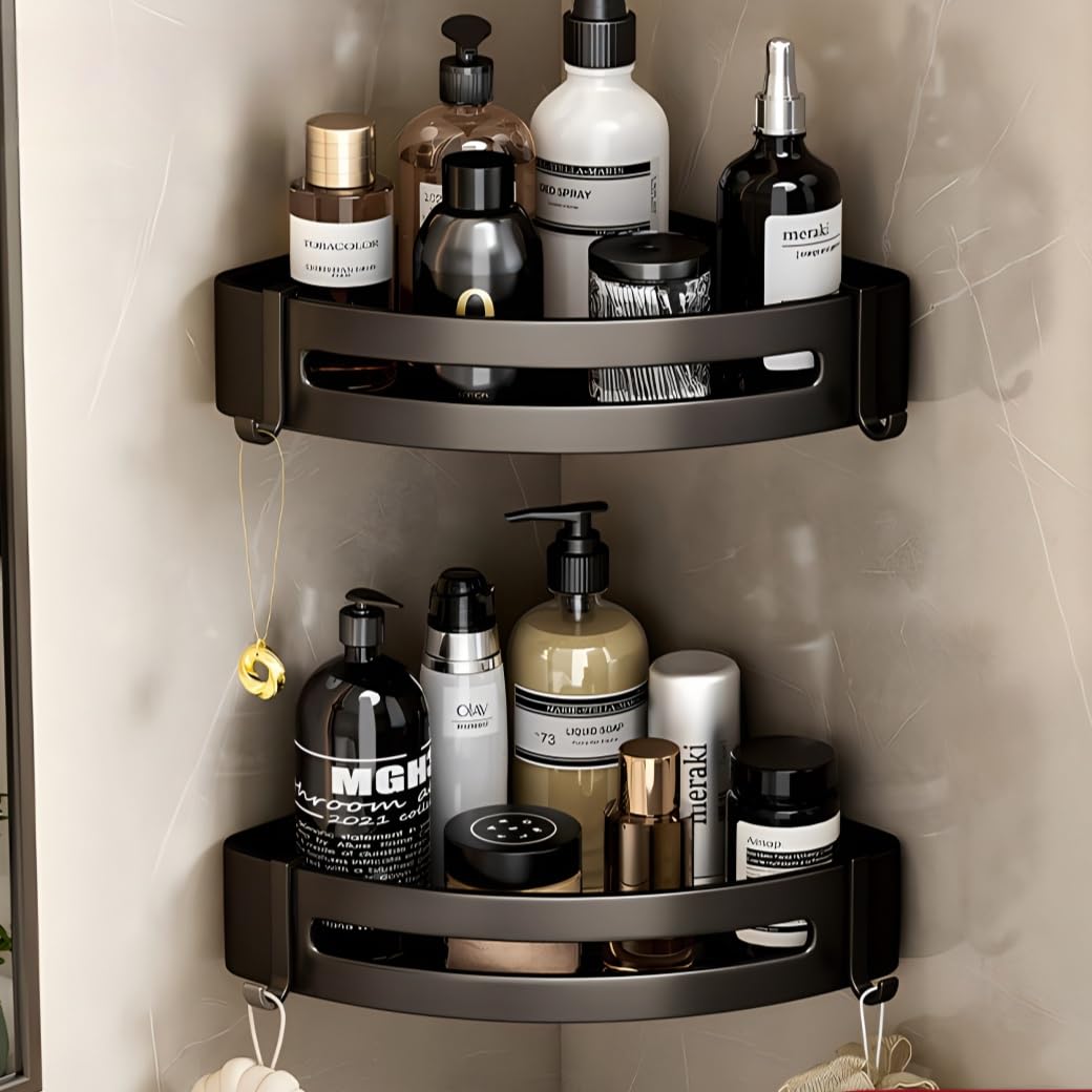 2 Pack Corner Shower Caddy with Hooks No Drilling Aluminium Shower Organizer for Bathroom Kitchen Secure with Nail-free