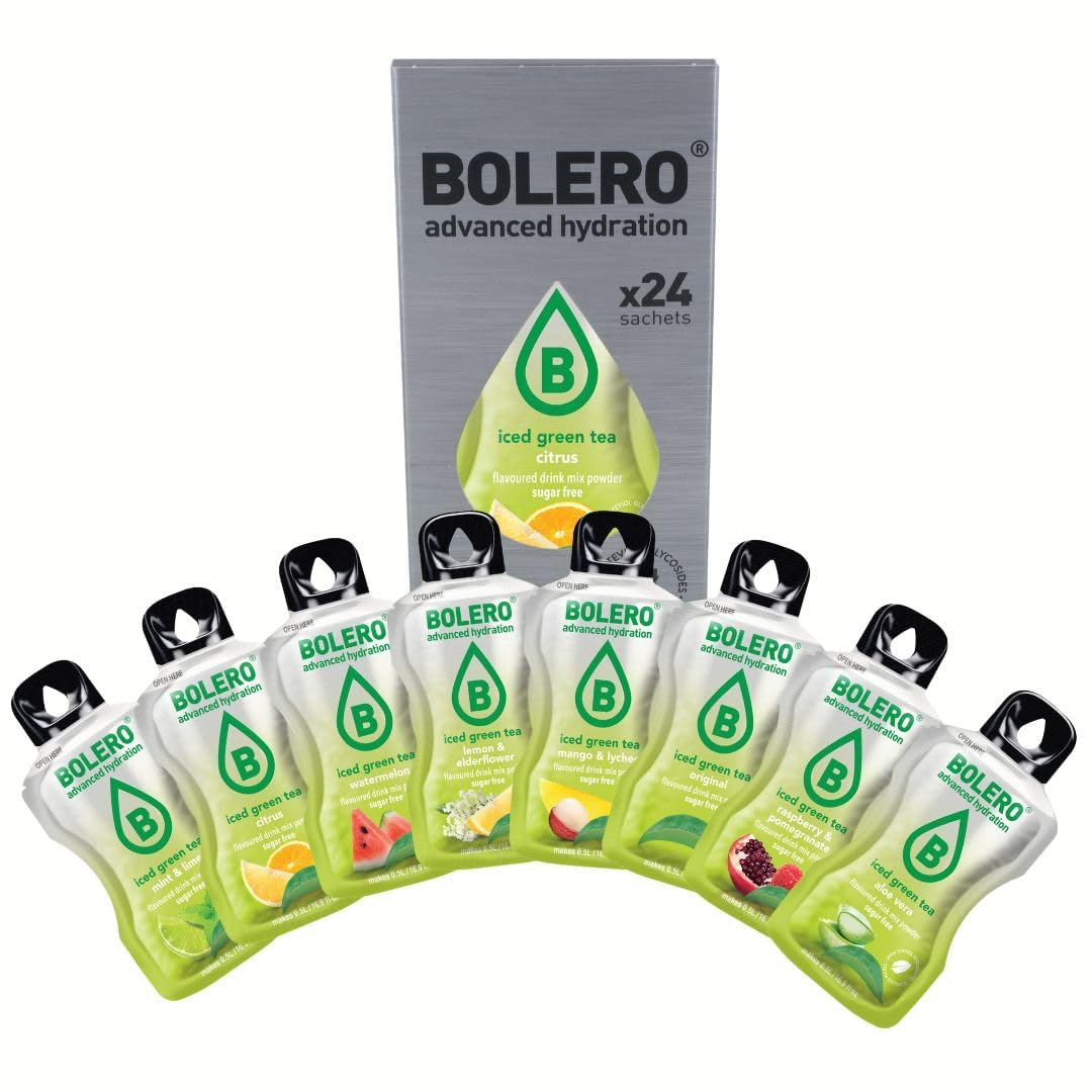 Bolero Mezcla de té verde helado de 24 x 3 g | Saftpulver ohne Zucker, gesüßt mit Stevia + Vitamina C | geeignet für Kinder, Sportler und Diabetiker | glutenfrei und veganfreundlich