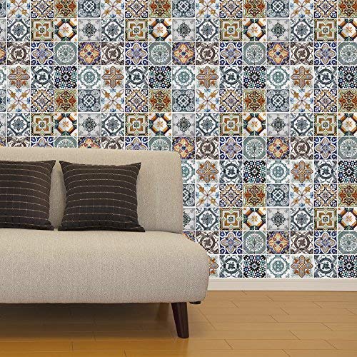 Wallflexi COM-WM10008 Flexiplus-Adhesivo Decorativo para Pared (6 Unidades), diseño de Azulejos mediterráneos, Vinilo, Multicolor, 63.5 x 15 x 15 cm