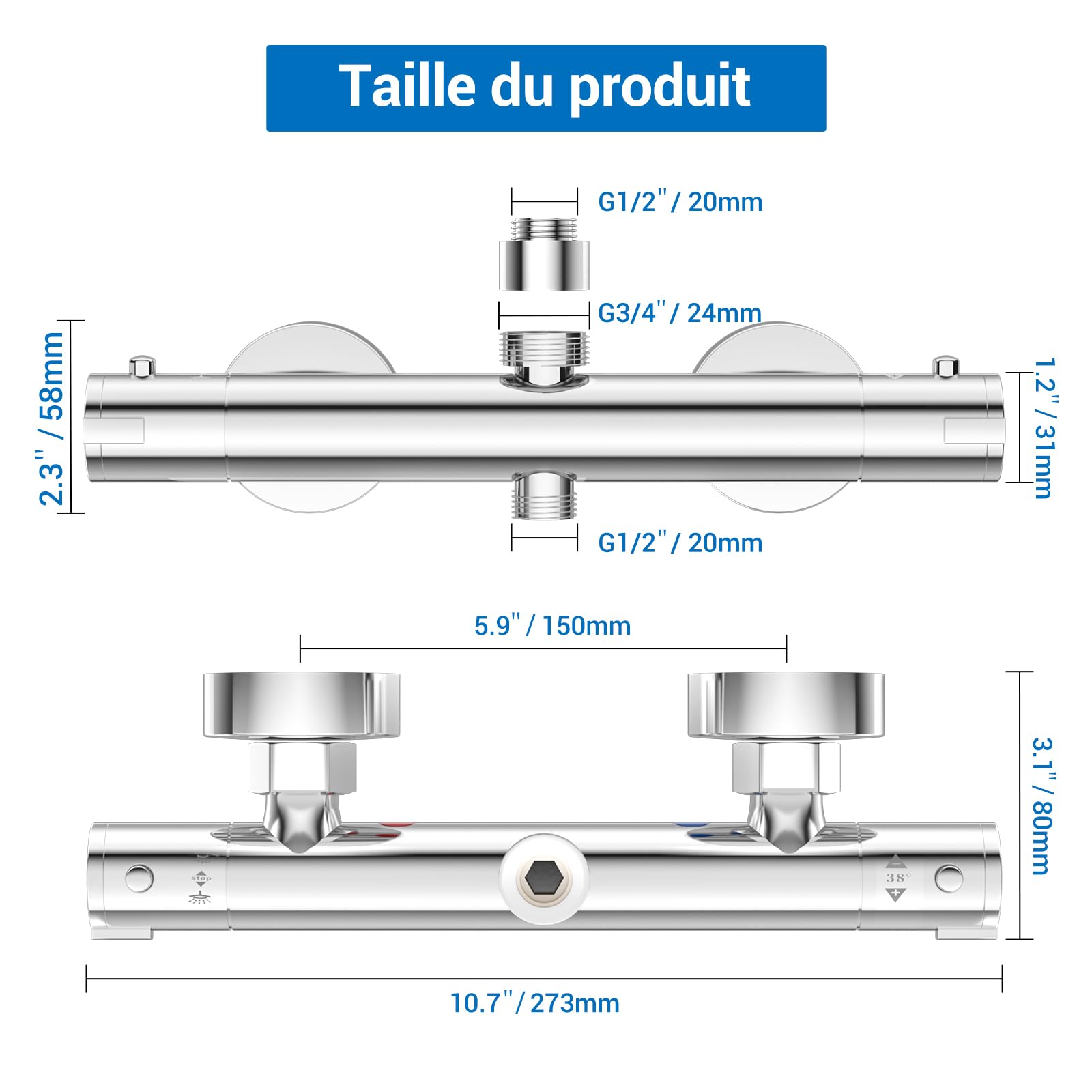 Grifo mezclador de ducha termostático con botón de seguridad 38 °C y 2 salidas altas G3/4" BSP(24 mm)+bajo G1/2" BSP(20 mm), antiquemadura, montaje en pared, latón, temperatura constante