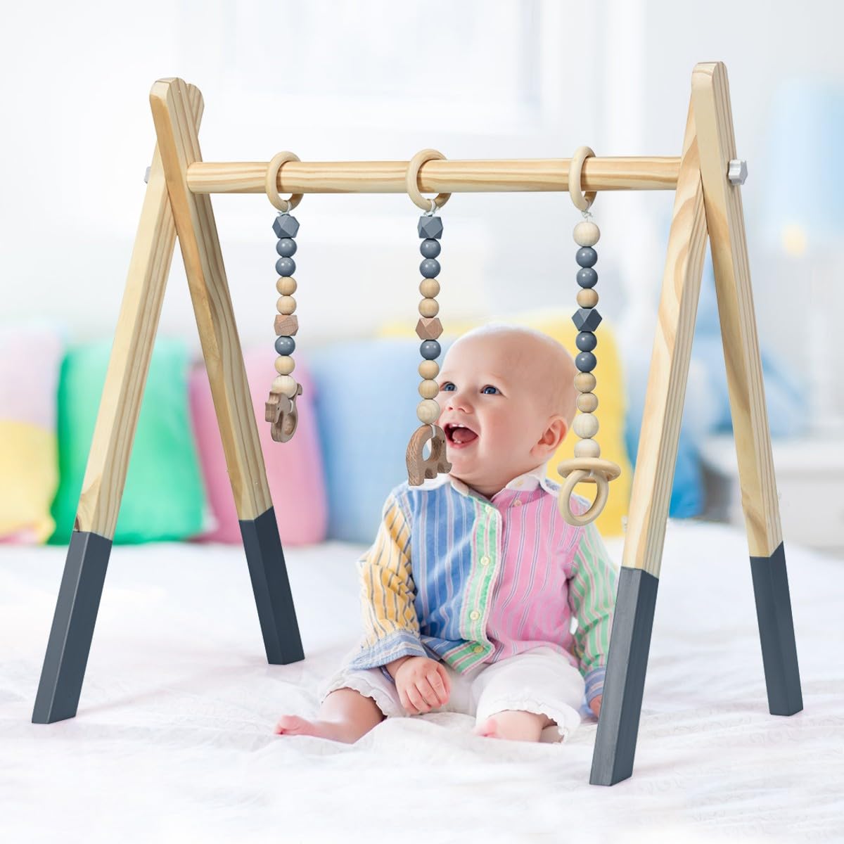 LIFEZEAL Gimnasio Bebé, arco de juego de madera para bebés, equipo de juego para bebés con 3 juguetes, gimnasio plegable para bebés a partir de 3 meses(Gris)