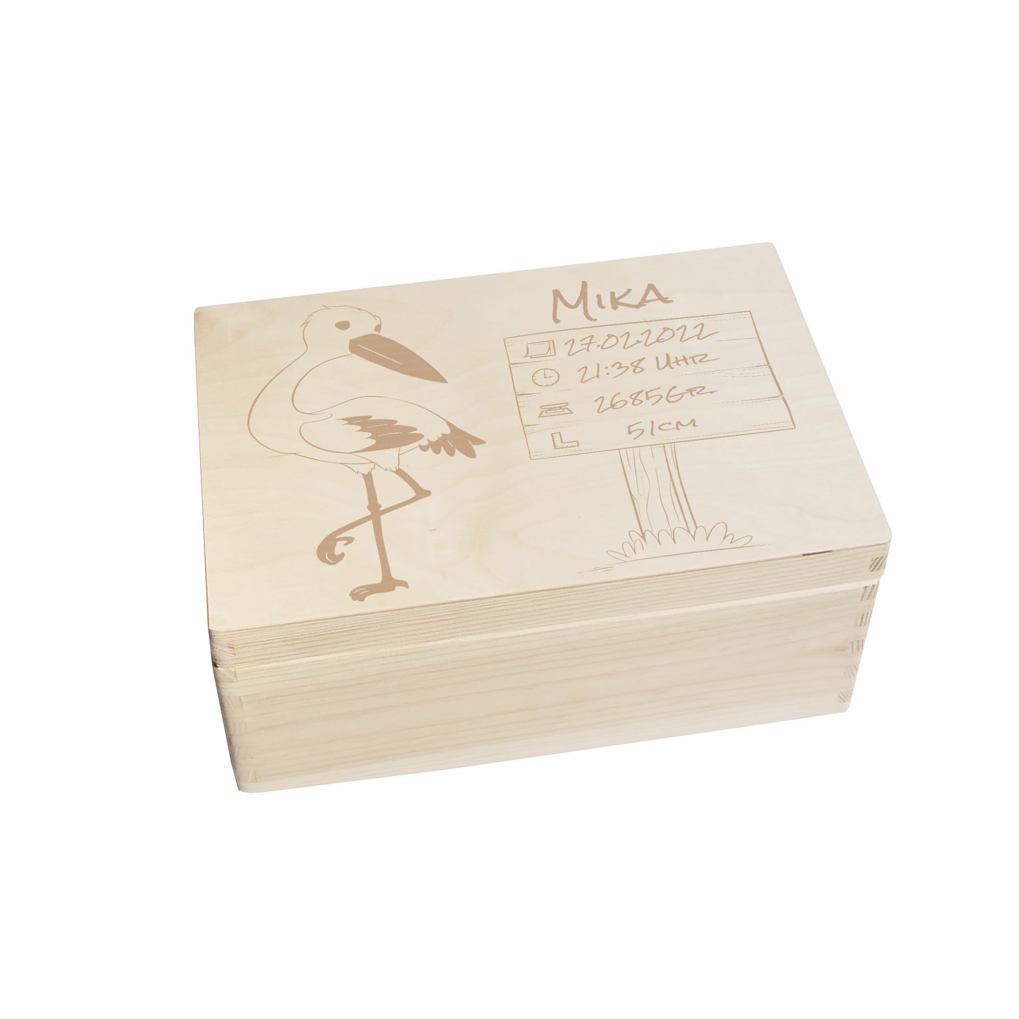 Scatola dei ricordi personalizzata per neonati e bambini con incisione cicogna – Scatola in legno per bei ricordi – Scatola in legno 30 x 20 x 14 cm