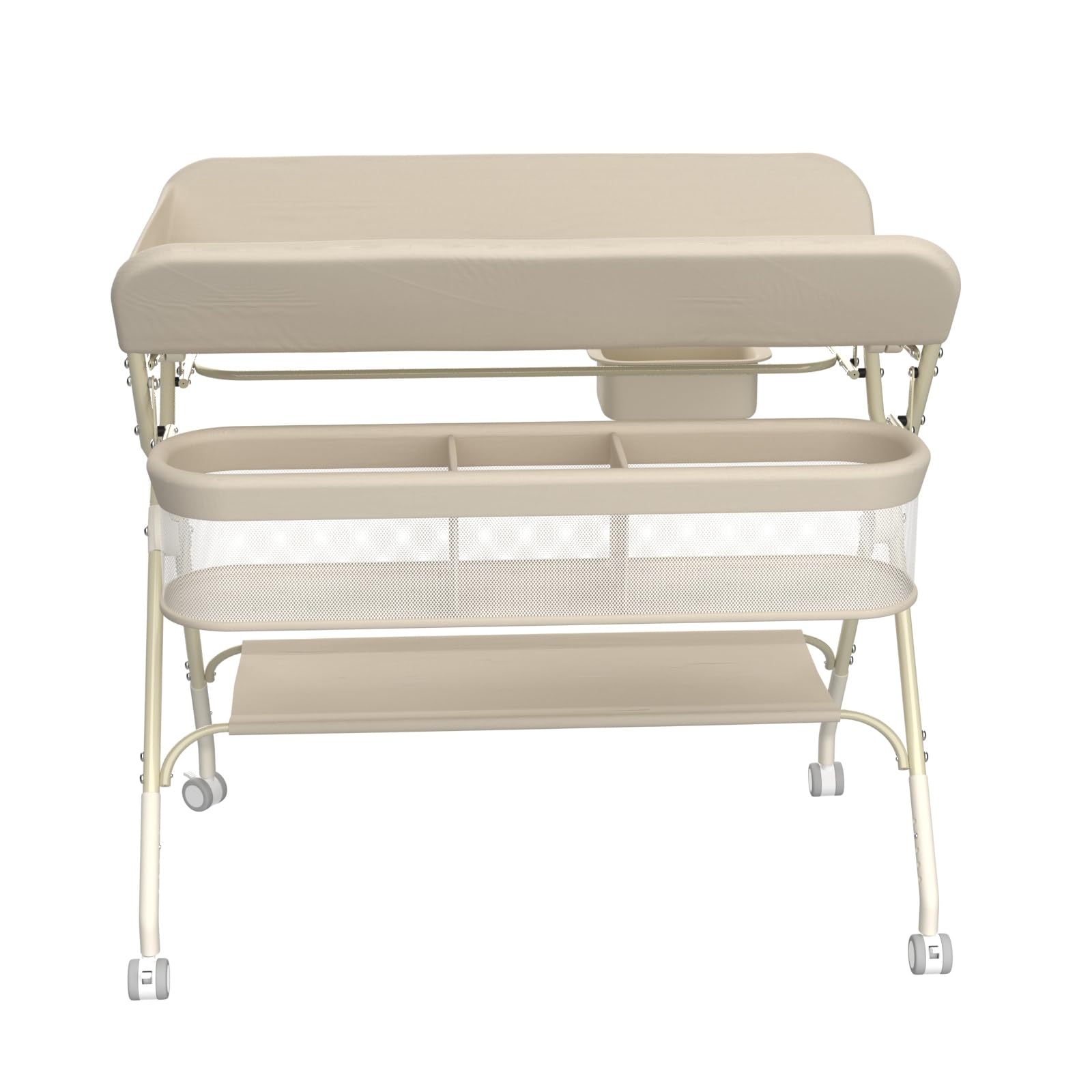 Wickeltisch, 3-in-1, Wickelkommode für Baby, von Geburt bis 12 Monate (bis 25 kg), Wickeltisch, faltbar, tragbar, Wickeltisch für Babys, mit 4 Rollen,75 x 68 x 83–91 cm (Cremeweiß)