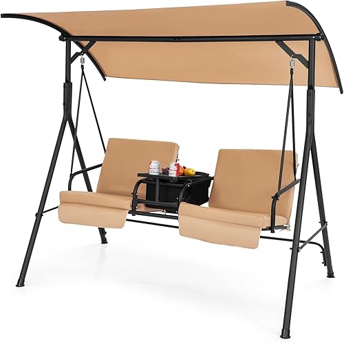 Miniatura 10 de Tangkula Columpio de porche para 2 personas, columpio al aire libre con mesa de almacenamiento pivotante, bolsa refrigerante, 2 soportes para tazas,