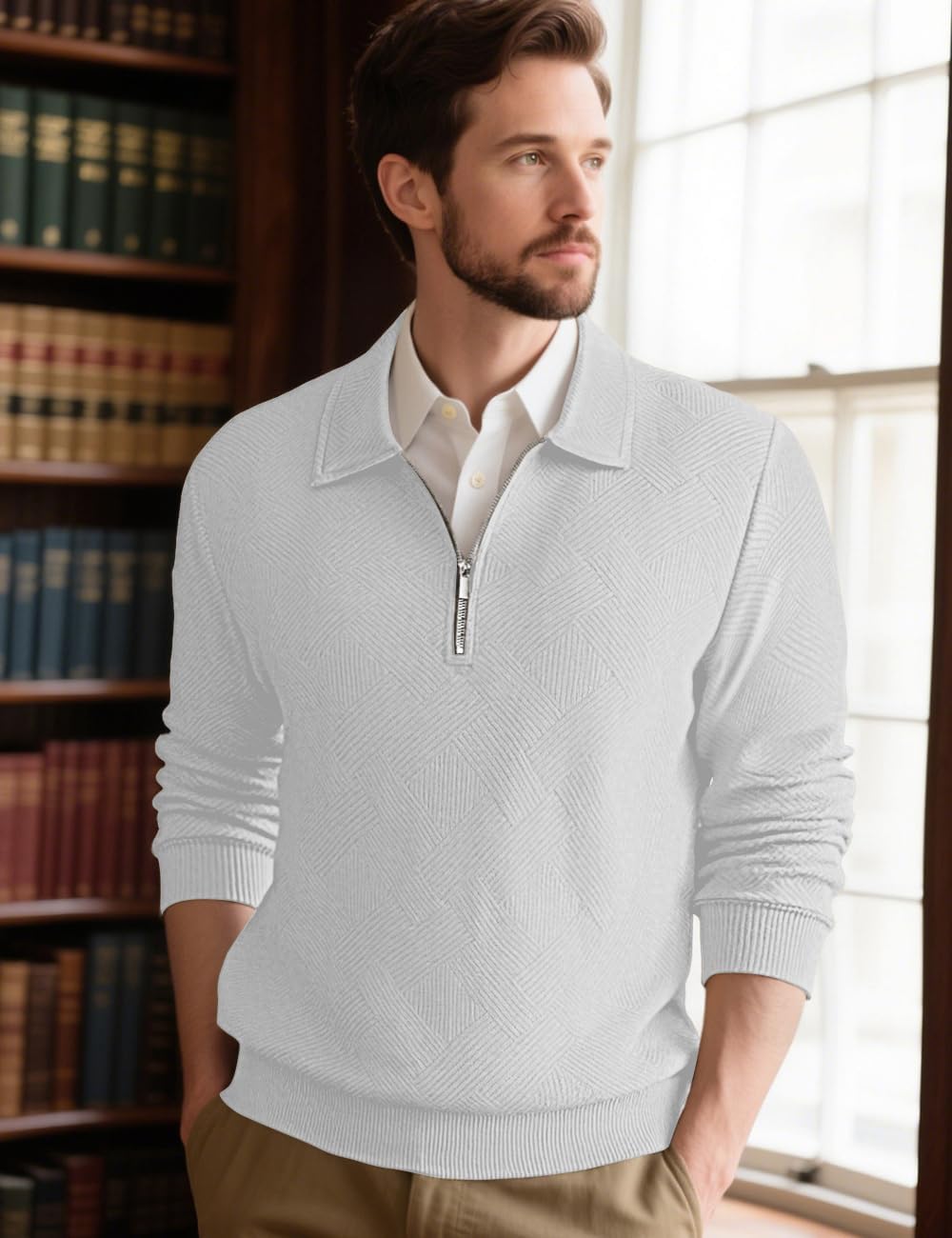 Men's Sweater Quarter Zip Striped Casual Long Sleeve Pullover Fall Winter Spring Color Block Polo Sweatshirts - Image 3