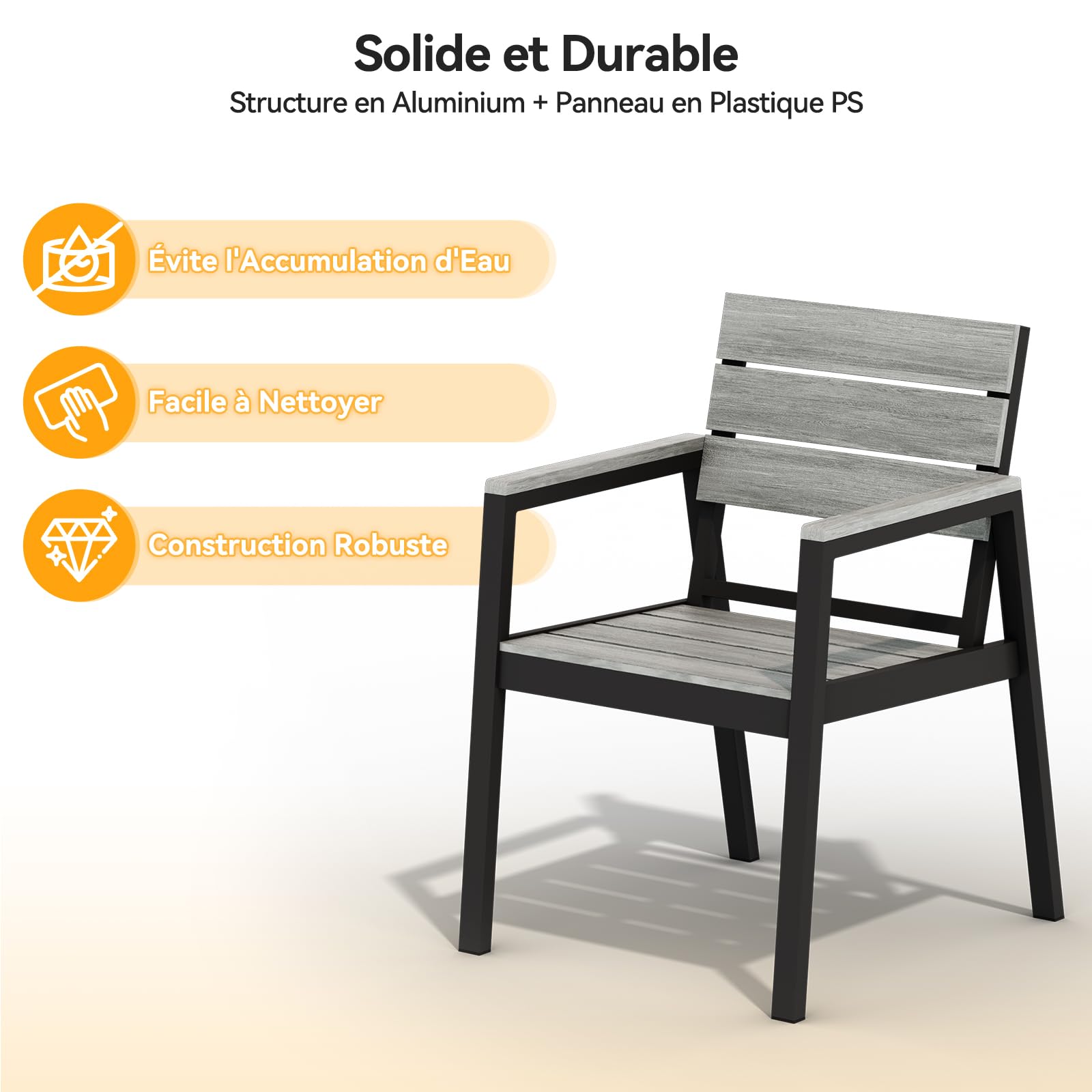 JUMMICO Salon de Jardin Extérieur : 1 Table en Aluminium Effet Bois + 4 Chaises en Aluminium. Robuste et Résistant aux Intempéries. Idéal pour Balcon, Jardin et Autres Espaces Extérieurs. Gris