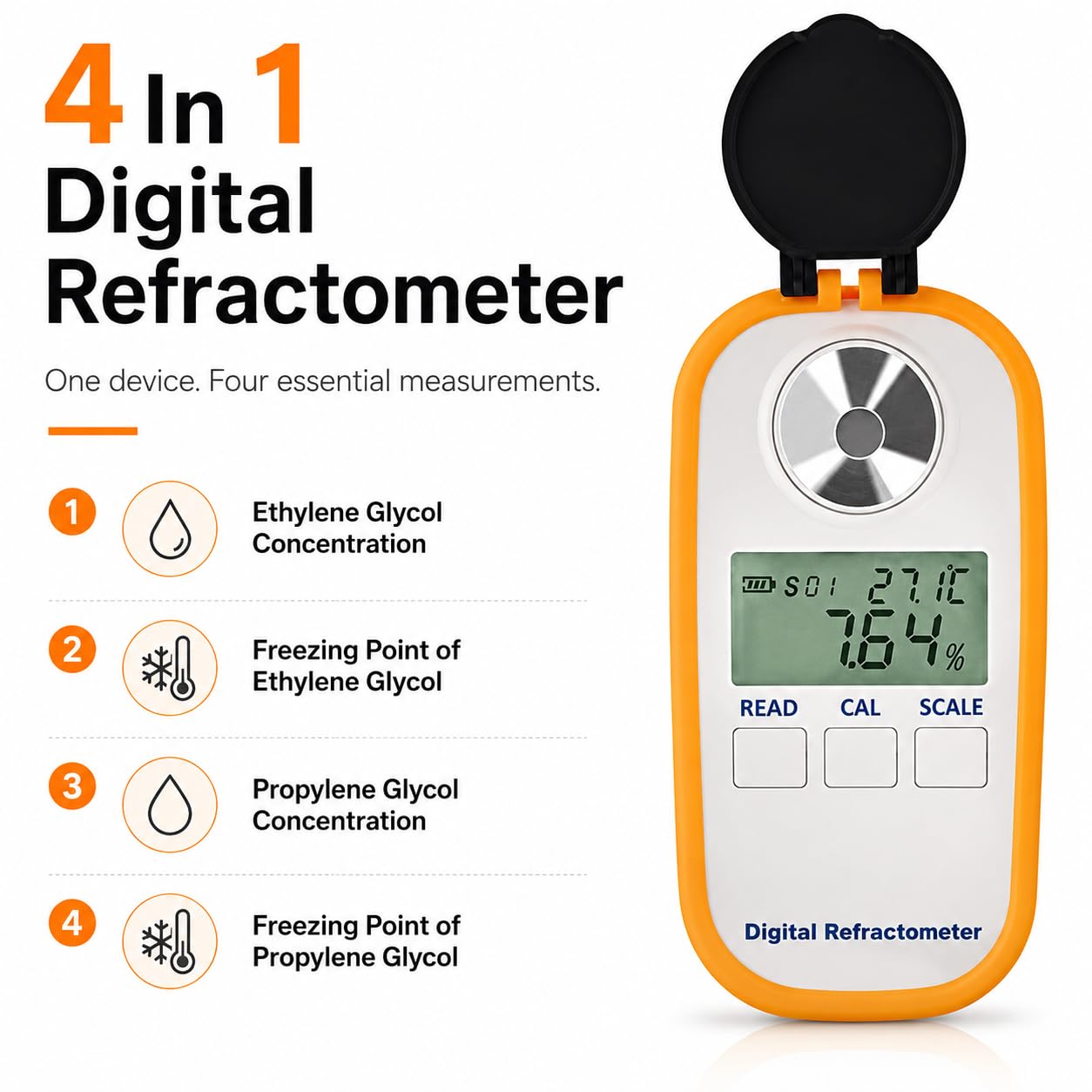 Refractómetro digital anticongelante, probador de glicol LED de mano para refrigerante de motor de coche, mide con precisión el punto de congelación de soluciones de etileno y propilenglicol