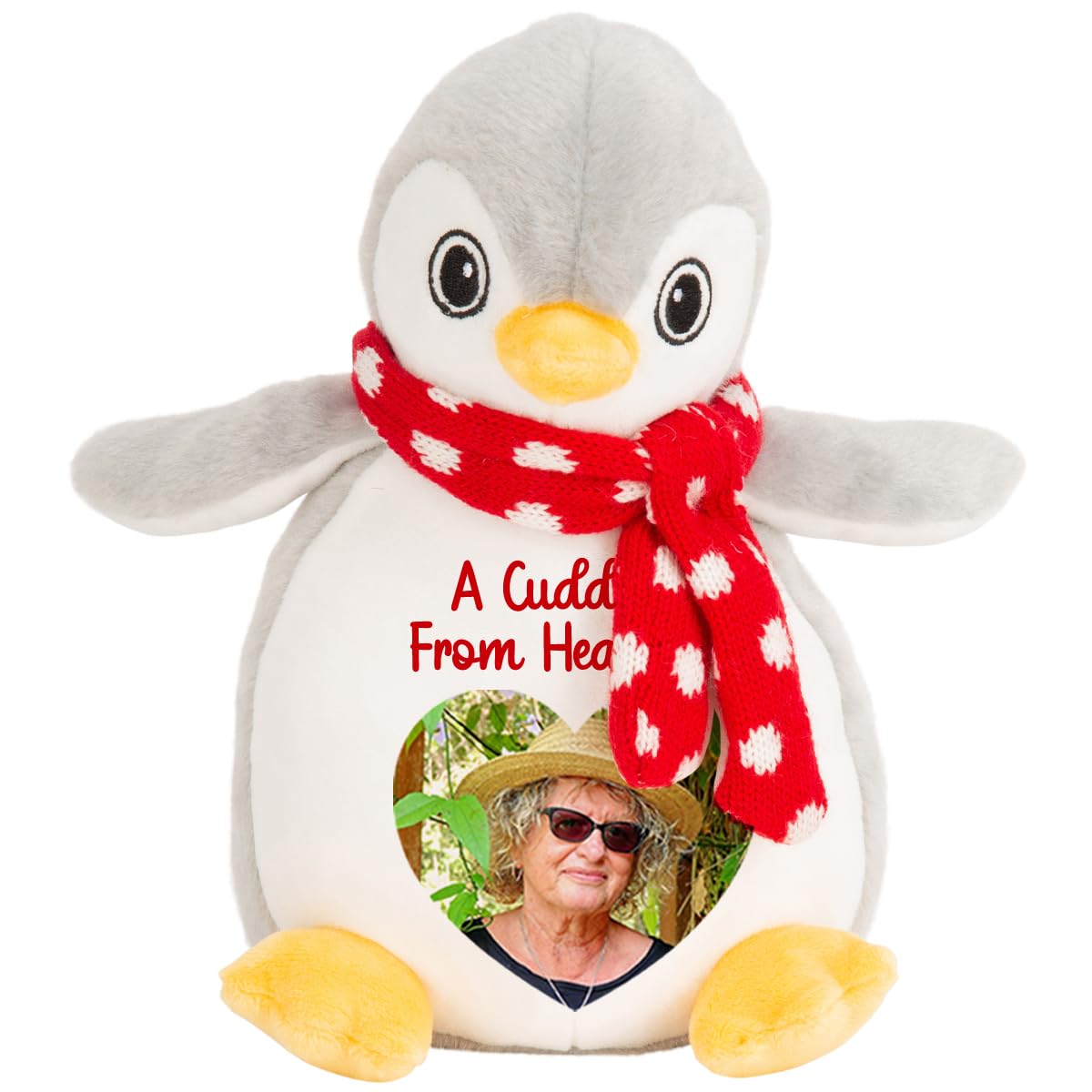 Personalised Memory Teddy Bear with Heart-Shaped Photo – “A Cuddle From Heaven” Keepsake Gift – 28 Bear Styles – Add Your Text & Choose Colour – Custom Memorial Bear (Grey Penguin)