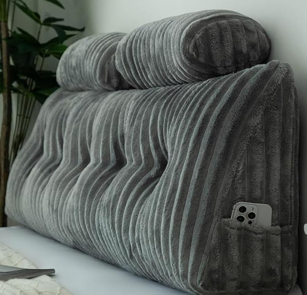 HEANCRIE Heavy Duty Headboard Pillow,Faux Fur Backrest Bolster with 2 Neck Pillow for Mattress Gap,Body Positioning Wedge Reading Cushion,Washable Lumbar Support Pillow (Grey,150X50X20CM)