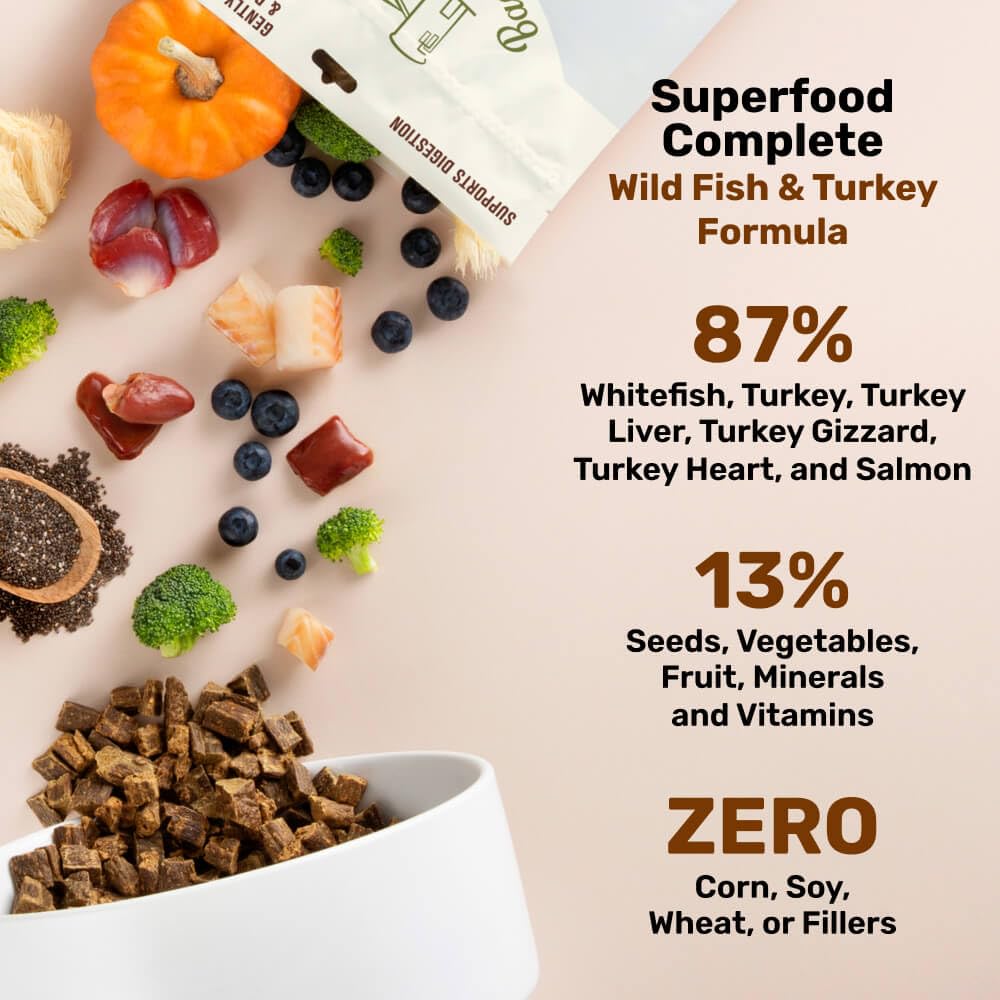 BADLANDS RANCH - Superfood completo, cibo per cani adulti essiccato all'aria - High Protein, Zero Fillers, Superfood Nutrition di Katherine Heigl (24 once. Formula di pesce selvatico e tacchino)
