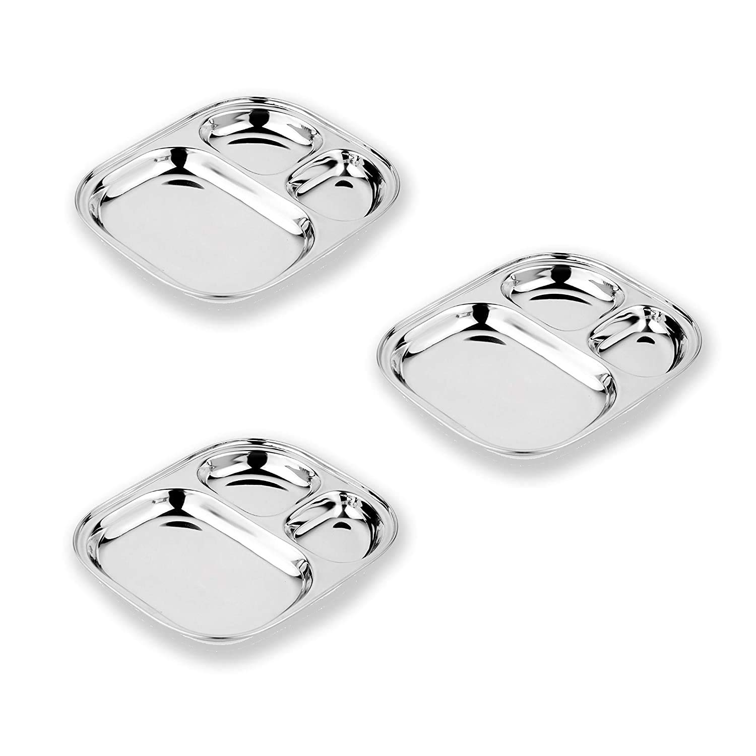 JSI Heavy 304 Grade Quality Stainless Steel 3 in 1 Pav Bhaji Plate- 3 Pieces; Dinner Plate for Kids. 100% Food Grade Quality and Heavy Guage Material Makes It Exclusive and Durable
