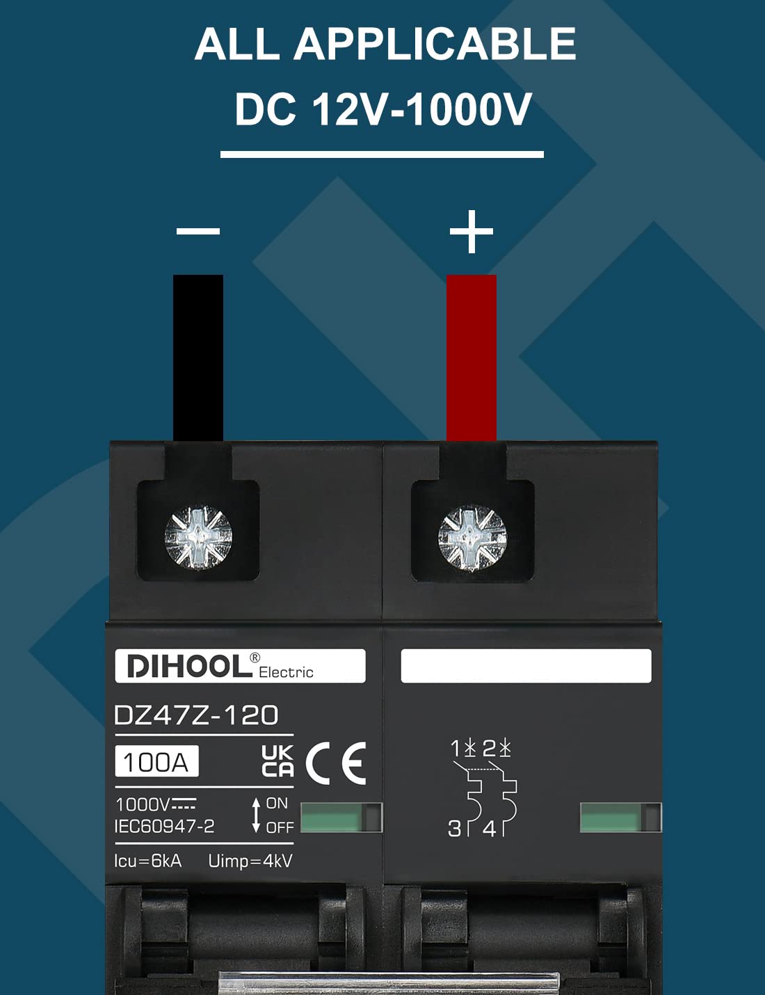 DIHOOL DC Circuit Breaker 1000VDC Solar PV Circuit Breaker Photovoltaic Fuse Automatic (DC1000V,2 Pole 100A) - Image 4