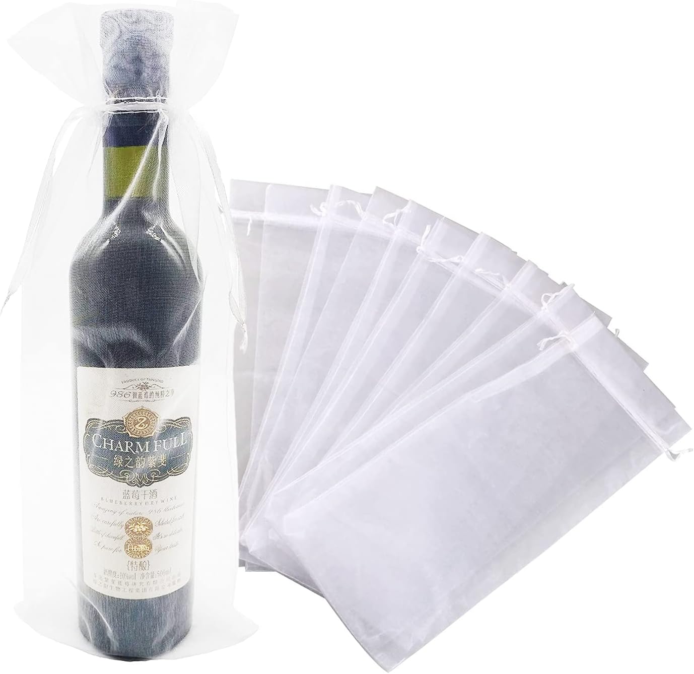 Wuligirl 20pcs 5.5 by 14.5 Inch Sheer White Organza Wine Bottle Bags with Drawstring,Reusable Festive Packaging Baby Shower Wedding Favors Samples Gift Bags (20pcs White)