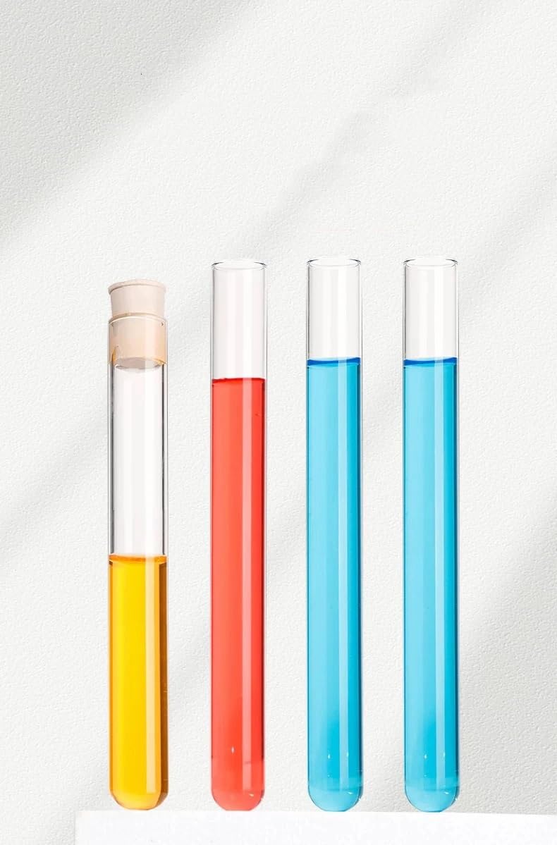 Lot de 10 tubes à essai en verre for laboratoire, haute teneur en borosilicate, à col plat renforcé, résistants au chauffage, avec bouchon.(25x200mm)