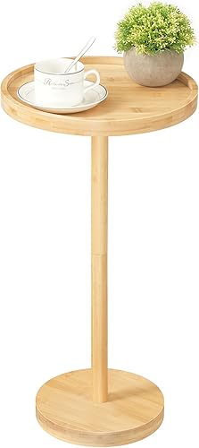 HOOBRO Mesa auxiliar redonda pequeña, mesa de bebidas de bambú, mesa de café Martini con acento de pedestal para espacios pequeños en sala de estar,