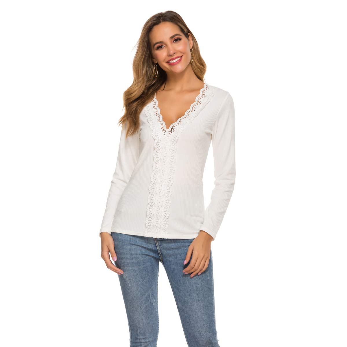 Chicanary Women's Lace V-Neck Ribbed Lightweight Sweaters