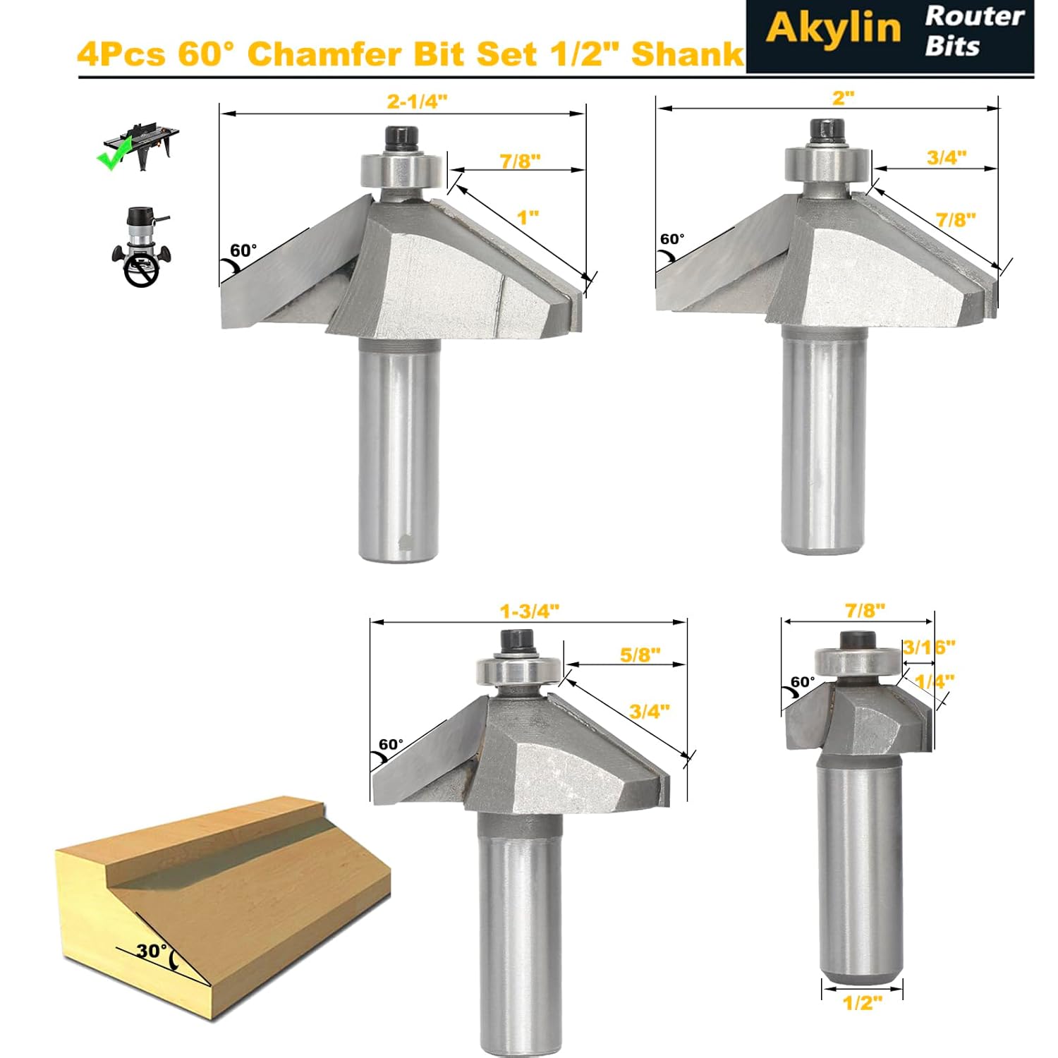 4pcs 60 Degree Chamfer Bit Set,1/2" Shank,3/16",5/8",3/4" and 7/8" Cutting Depth, Horse Nose Router Bits,Eased Eage Cutter with Ball Bearing for Wood Profiling,Edge Forming(Smaller Sizes)