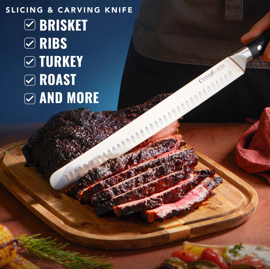 Cutluxe Slicing Carving Knife – 12" Brisket Knife, Meat Cutting and BBQ Knife – Razor Sharp German Steel – Full Tang & Ergonomic Handle Design – Artisan Series